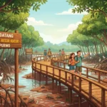 Ilustrasi wisatawan menyusuri jalur kayu di mangrove trail Resor Kucur sebagai pesona ekowisata Alas Purwo.