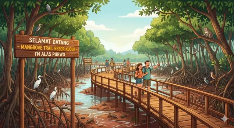 Ilustrasi wisatawan menyusuri jalur kayu di mangrove trail Resor Kucur sebagai pesona ekowisata Alas Purwo.