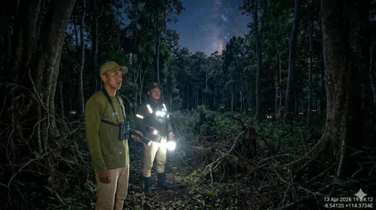 Dua petugas Resor Kucur melakukan patroli malam menggunakan senter di bawah langit berbintang, memantau kawanan satwa liar dengan mata menyala di semak-semak hutan