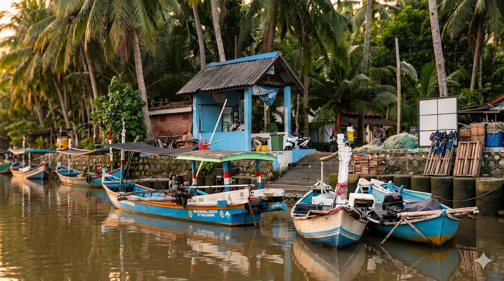 Perahu nelayan tradisional berlabuh di dermaga dekat pos penjaga Resor Tanjung Pasir dengan latar belakang pohon kelapa saat matahari terbenam.