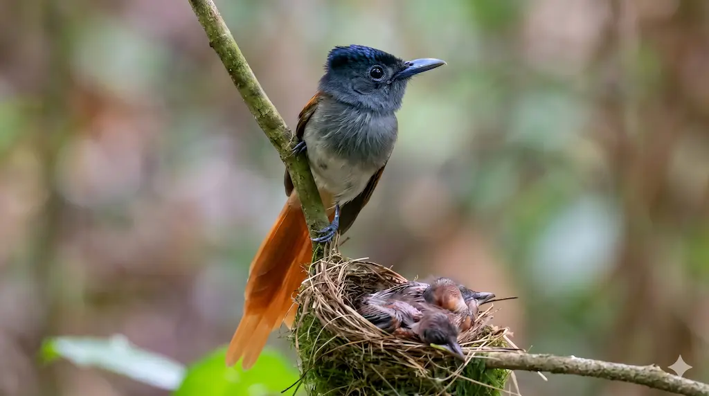 Seriwang Asia betina di sarang dengan latar belakang hutan Alas Purwo.